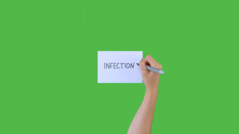 Frau-Schreibt-Infektion-Auf-Papier-Mit-Grünem-Bildschirm